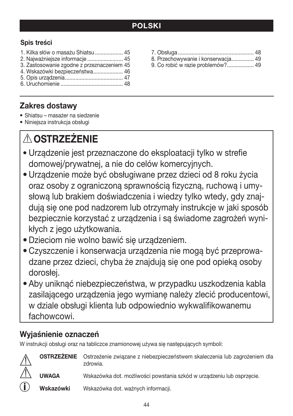 Ostrzeżenie | Beurer MG 204 User Manual | Page 44 / 52