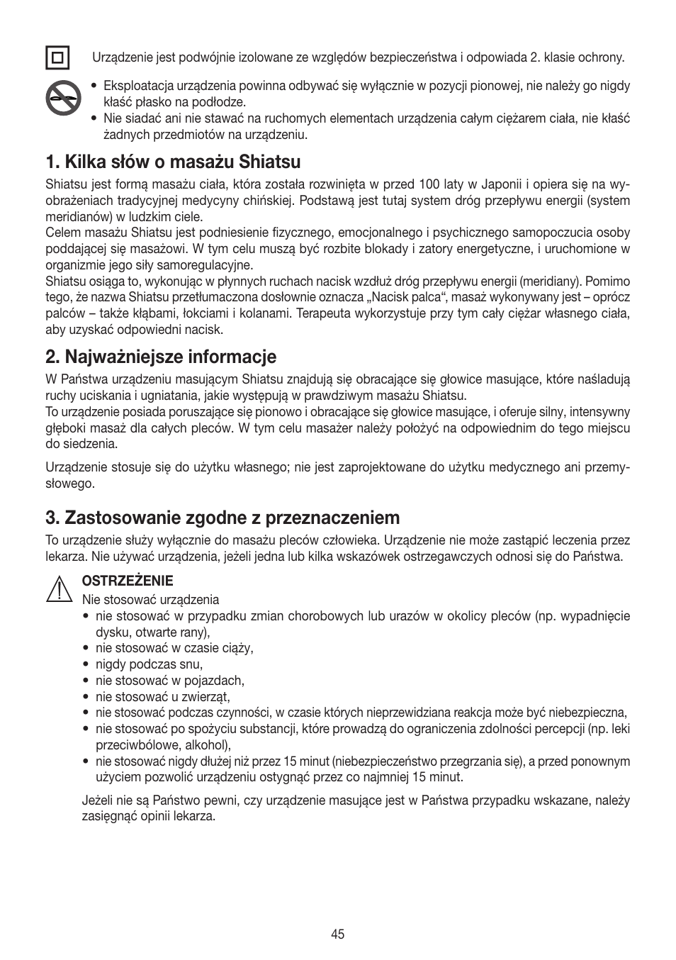 Kilka słów o masażu shiatsu, Najważniejsze informacje, Zastosowanie zgodne z przeznaczeniem | Beurer MG 204 User Manual | Page 45 / 52