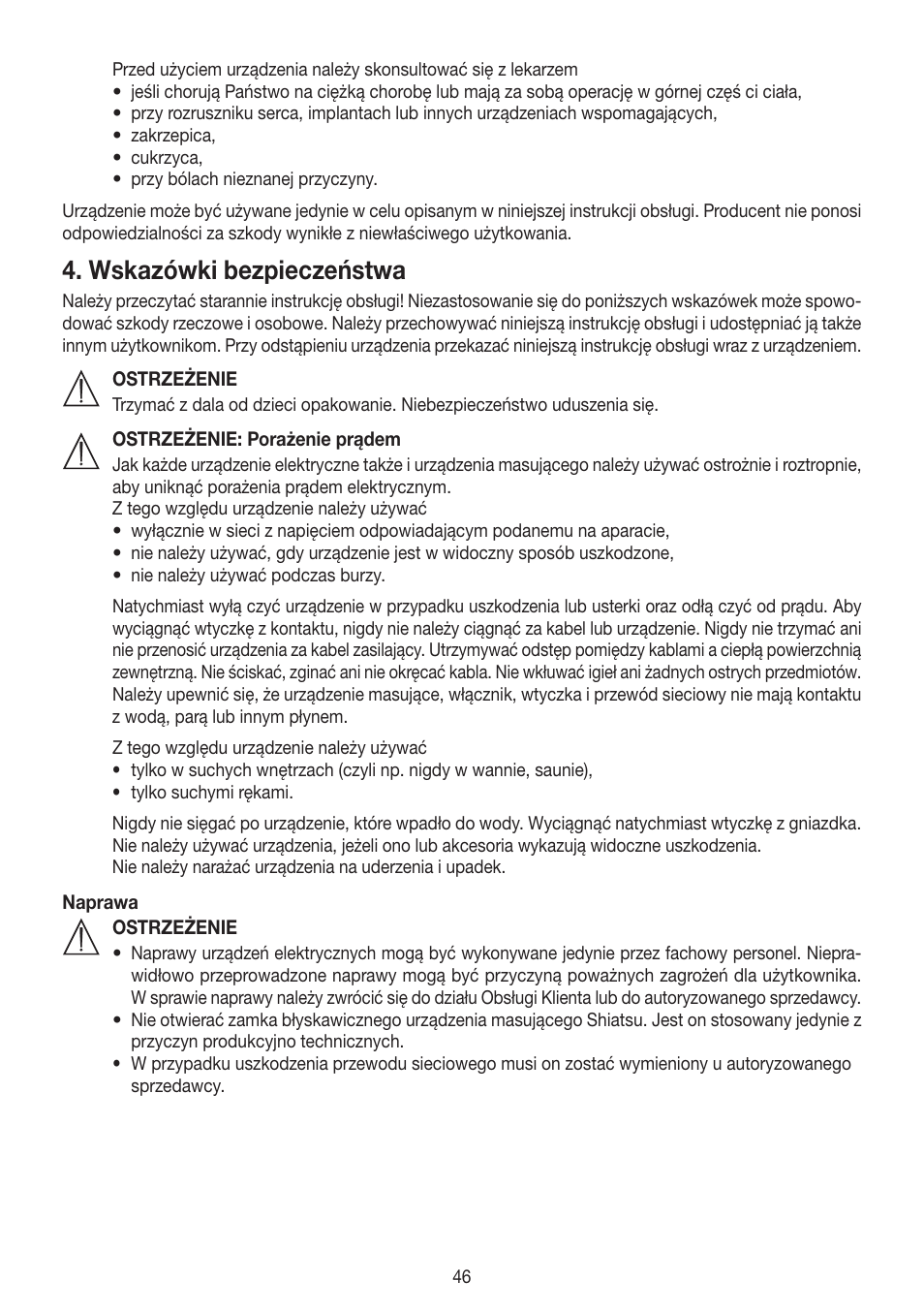 Wskazówki bezpieczeństwa | Beurer MG 204 User Manual | Page 46 / 52