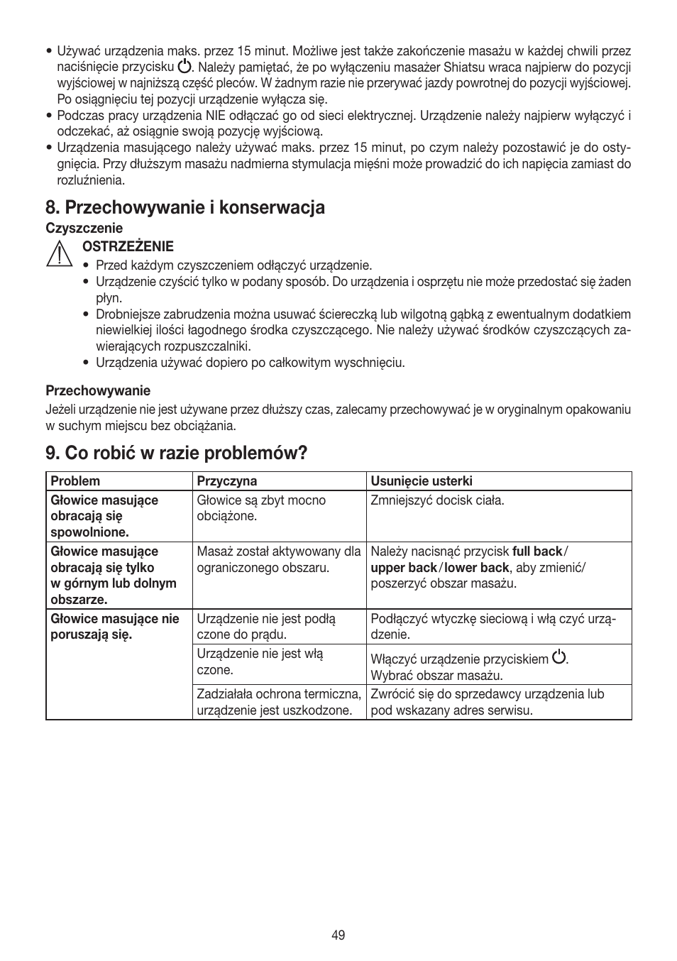 Przechowywanie i konserwacja, Co robić w razie problemów | Beurer MG 204 User Manual | Page 49 / 52