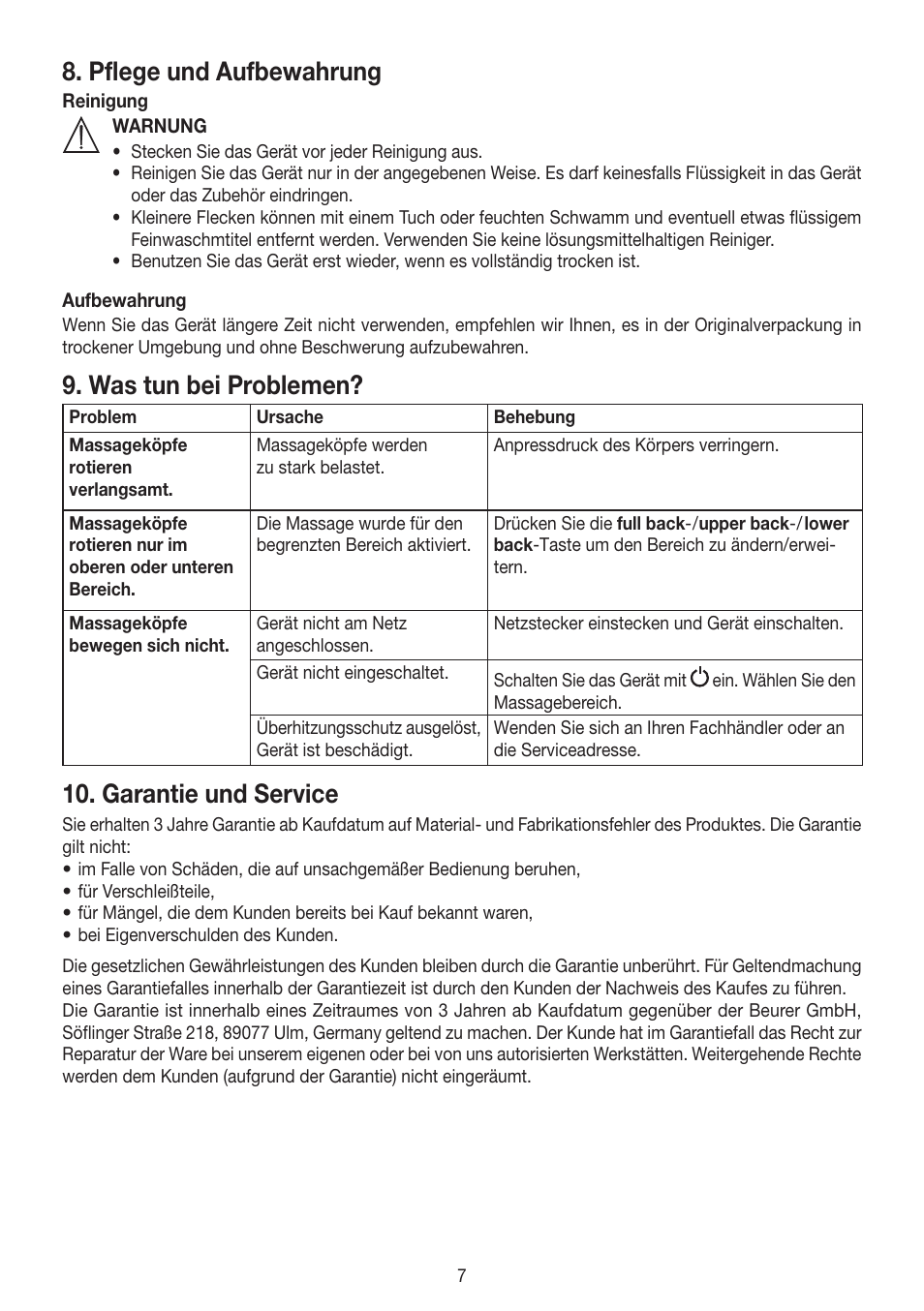 Pflege und aufbewahrung, Was tun bei problemen, Garantie und service | Beurer MG 204 User Manual | Page 7 / 52