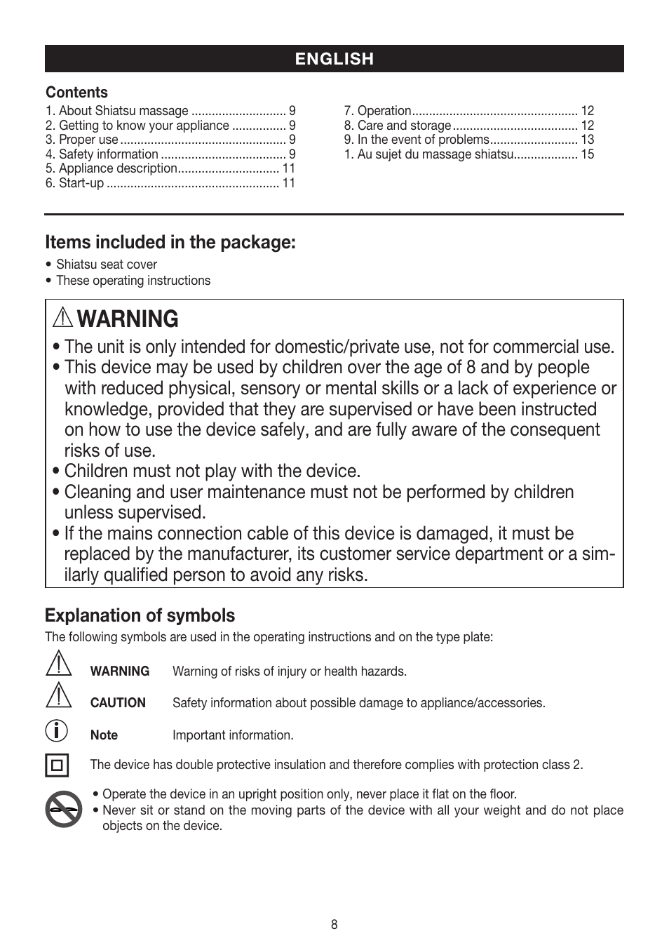 Warning, Items included in the package | Beurer MG 204 User Manual | Page 8 / 52