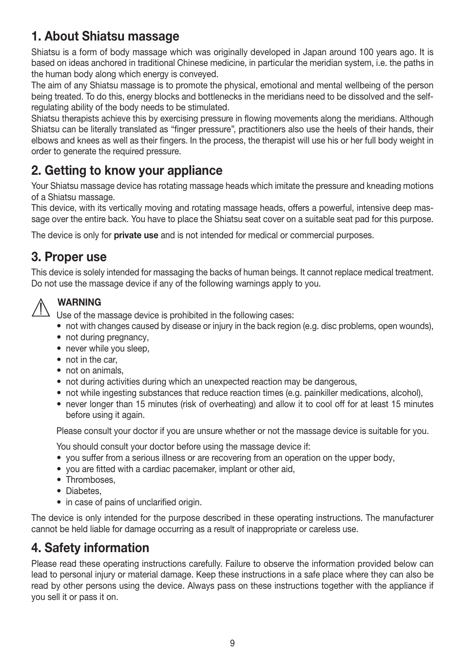 About shiatsu massage, Getting to know your appliance, Proper use | Safety information | Beurer MG 204 User Manual | Page 9 / 52
