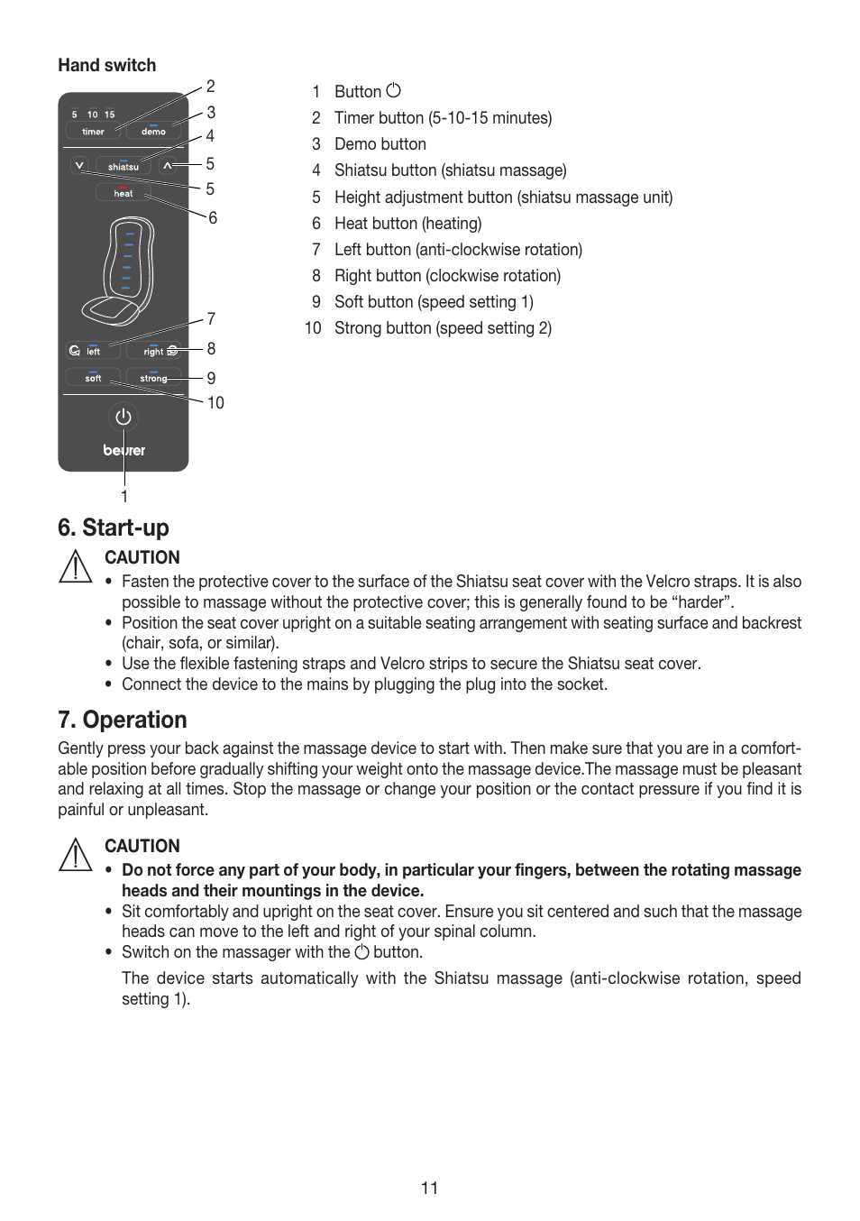 Start-up, Operation | Beurer MG 215 User Manual | Page 11 / 48