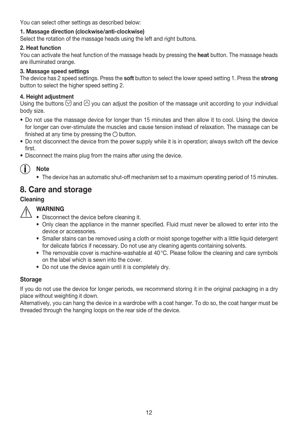 Care and storage | Beurer MG 215 User Manual | Page 12 / 48