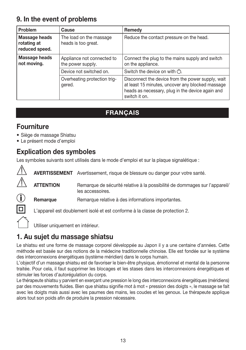 Fourniture, Explication des symboles, Au sujet du massage shiatsu | Beurer MG 215 User Manual | Page 13 / 48