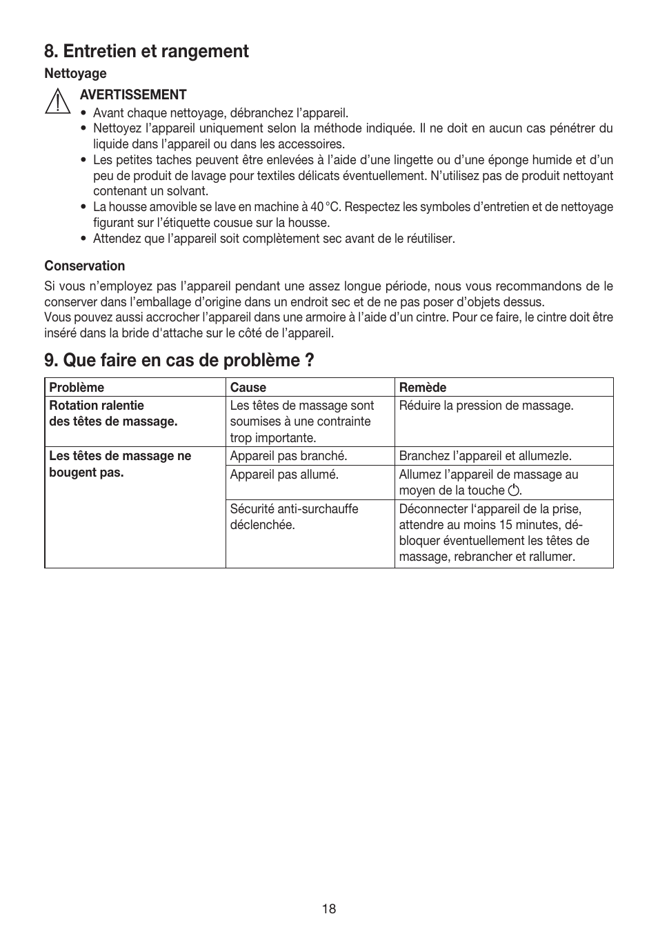 Entretien et rangement, Que faire en cas de problème | Beurer MG 215 User Manual | Page 18 / 48