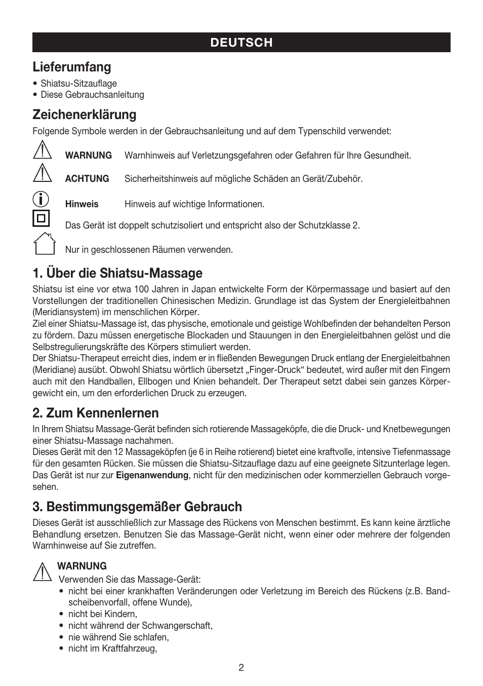 Lieferumfang, Zeichenerklärung, Über die shiatsu-massage | Zum kennenlernen, Bestimmungsgemäßer gebrauch | Beurer MG 215 User Manual | Page 2 / 48