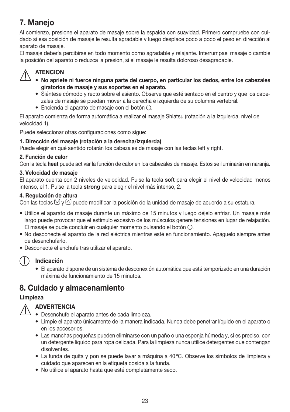 Manejo, Cuidado y almacenamiento | Beurer MG 215 User Manual | Page 23 / 48