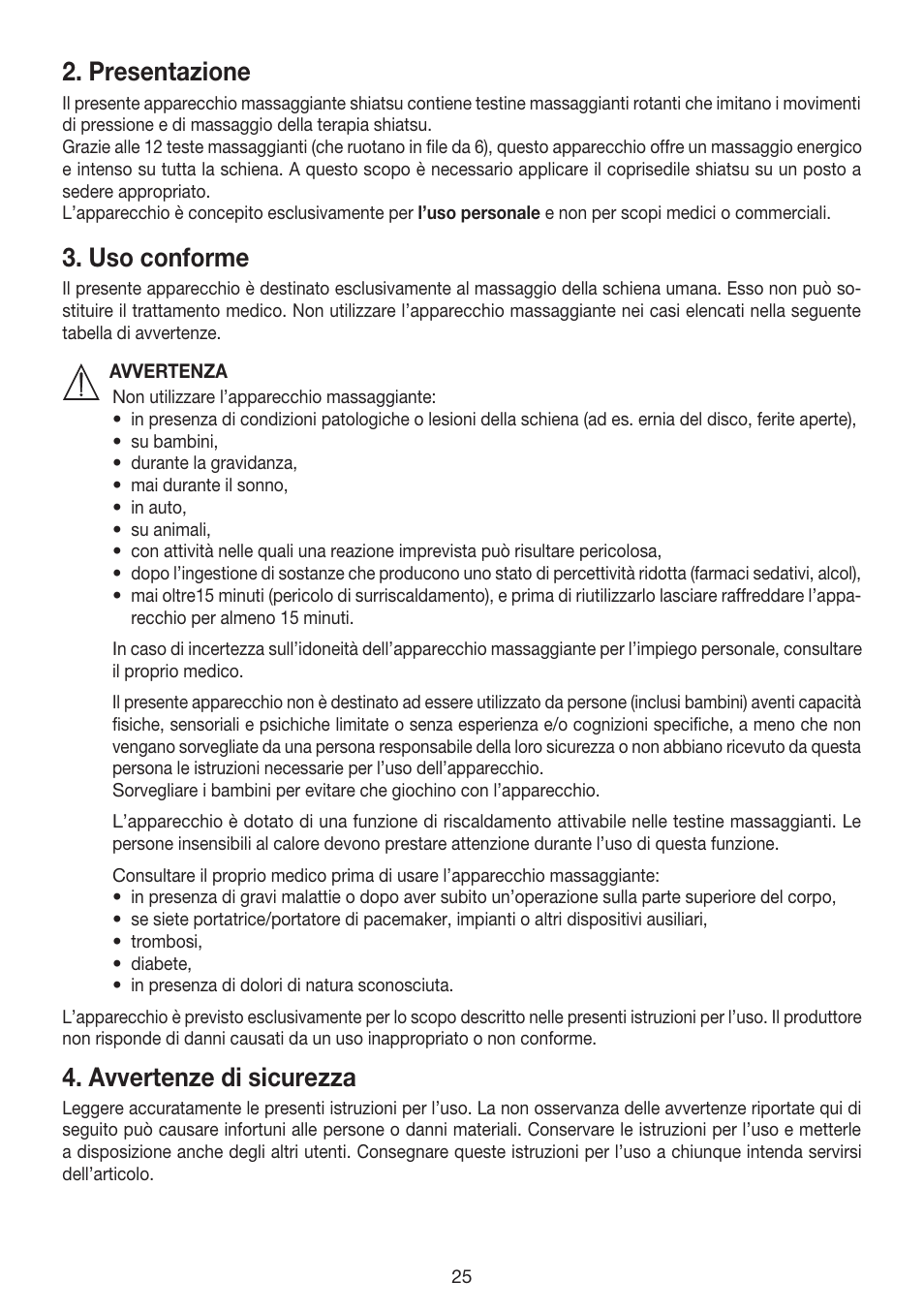 Presentazione, Uso conforme, Avvertenze di sicurezza | Beurer MG 215 User Manual | Page 25 / 48