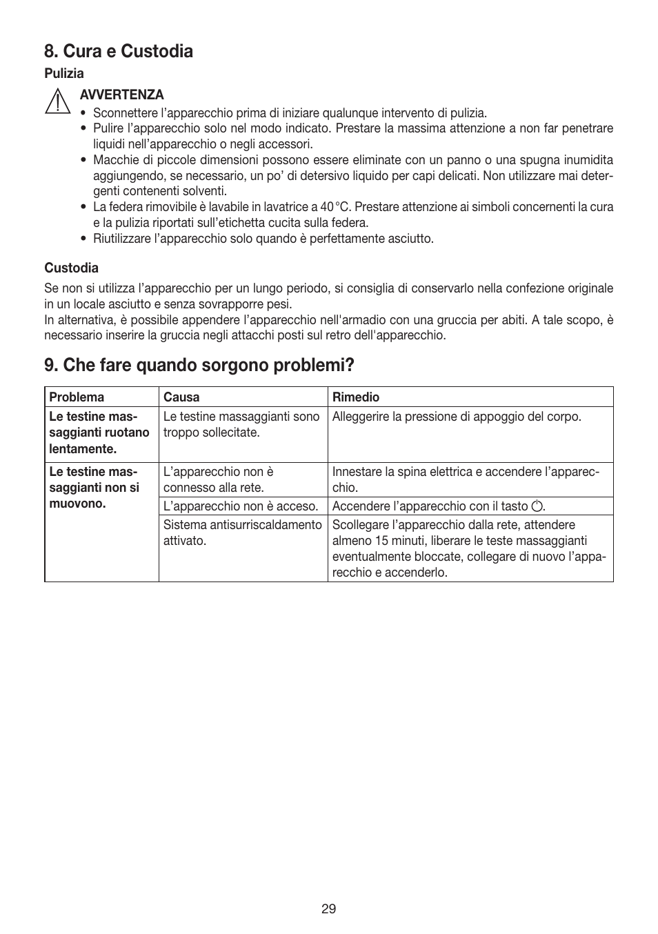 Cura e custodia, Che fare quando sorgono problemi | Beurer MG 215 User Manual | Page 29 / 48