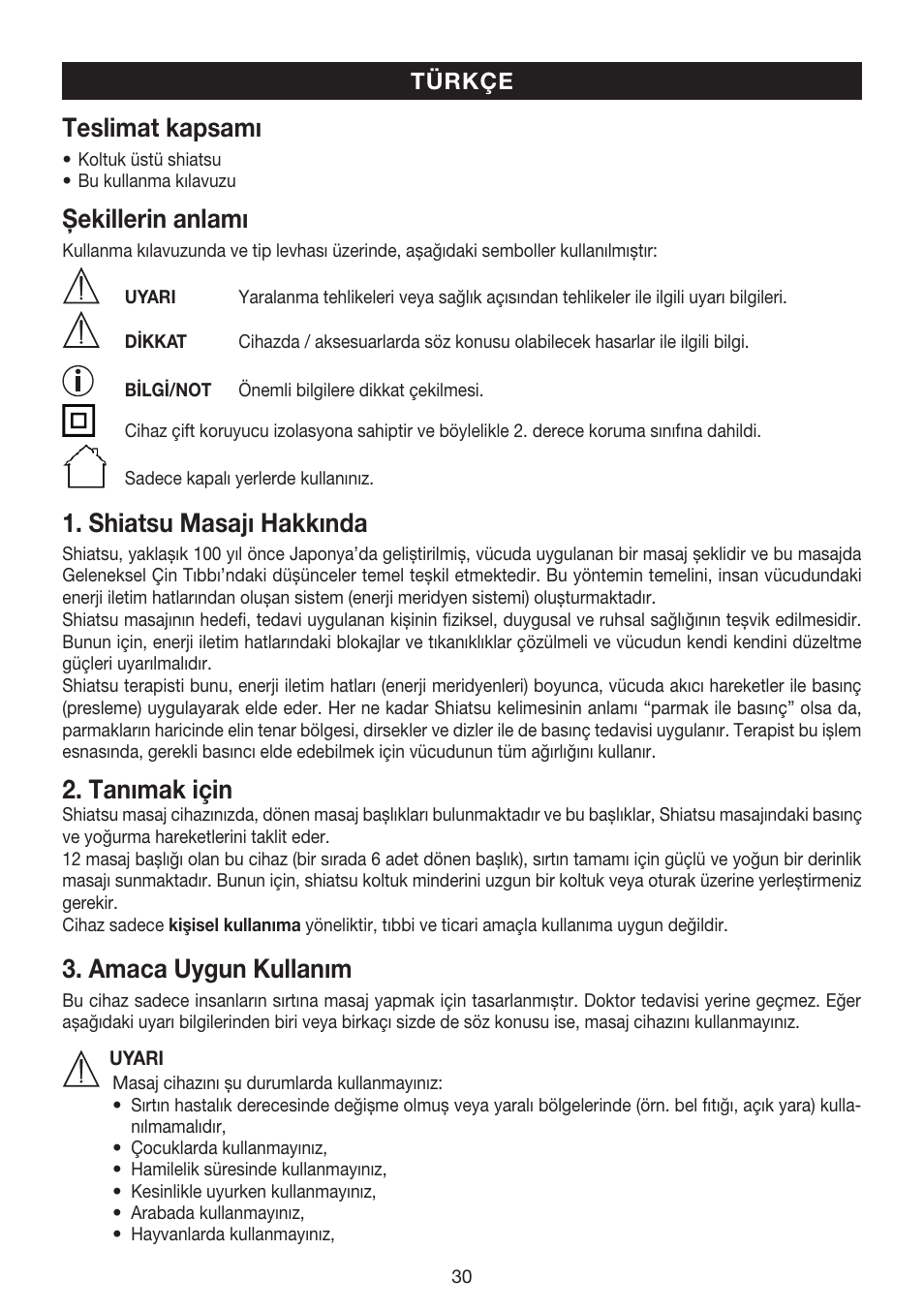 Teslimat kapsamı, Şekillerin anlamı, Shiatsu masajı hakkında | Tanımak için, Amaca uygun kullanım | Beurer MG 215 User Manual | Page 30 / 48
