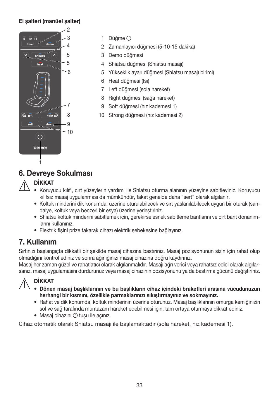 Devreye sokulması, Kullanım | Beurer MG 215 User Manual | Page 33 / 48