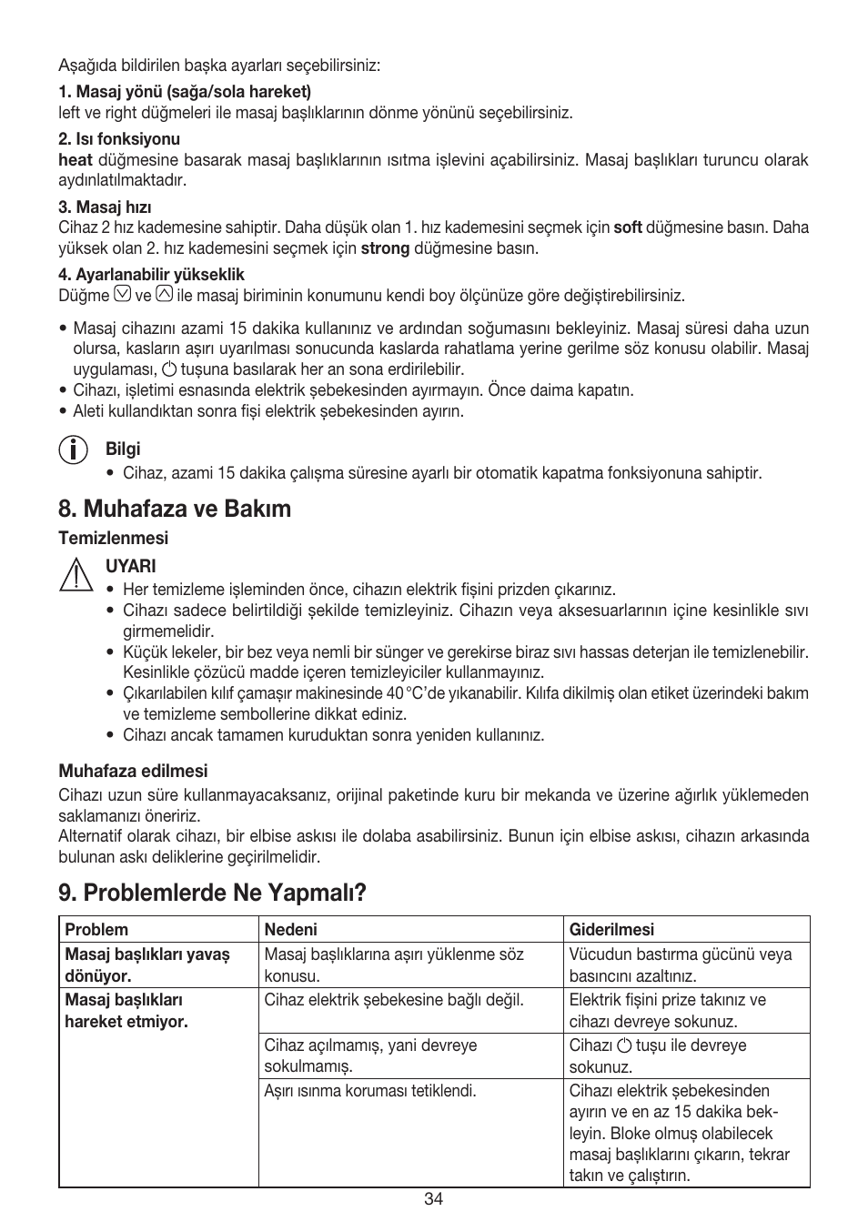 Muhafaza ve bakım, Problemlerde ne yapmalı | Beurer MG 215 User Manual | Page 34 / 48