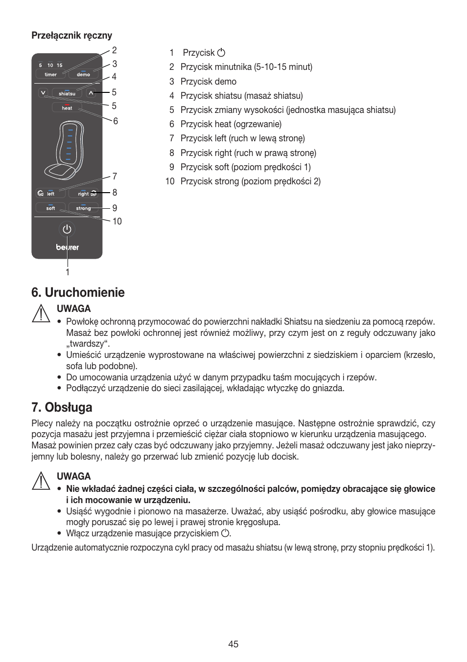 Uruchomienie, Obsługa | Beurer MG 215 User Manual | Page 45 / 48