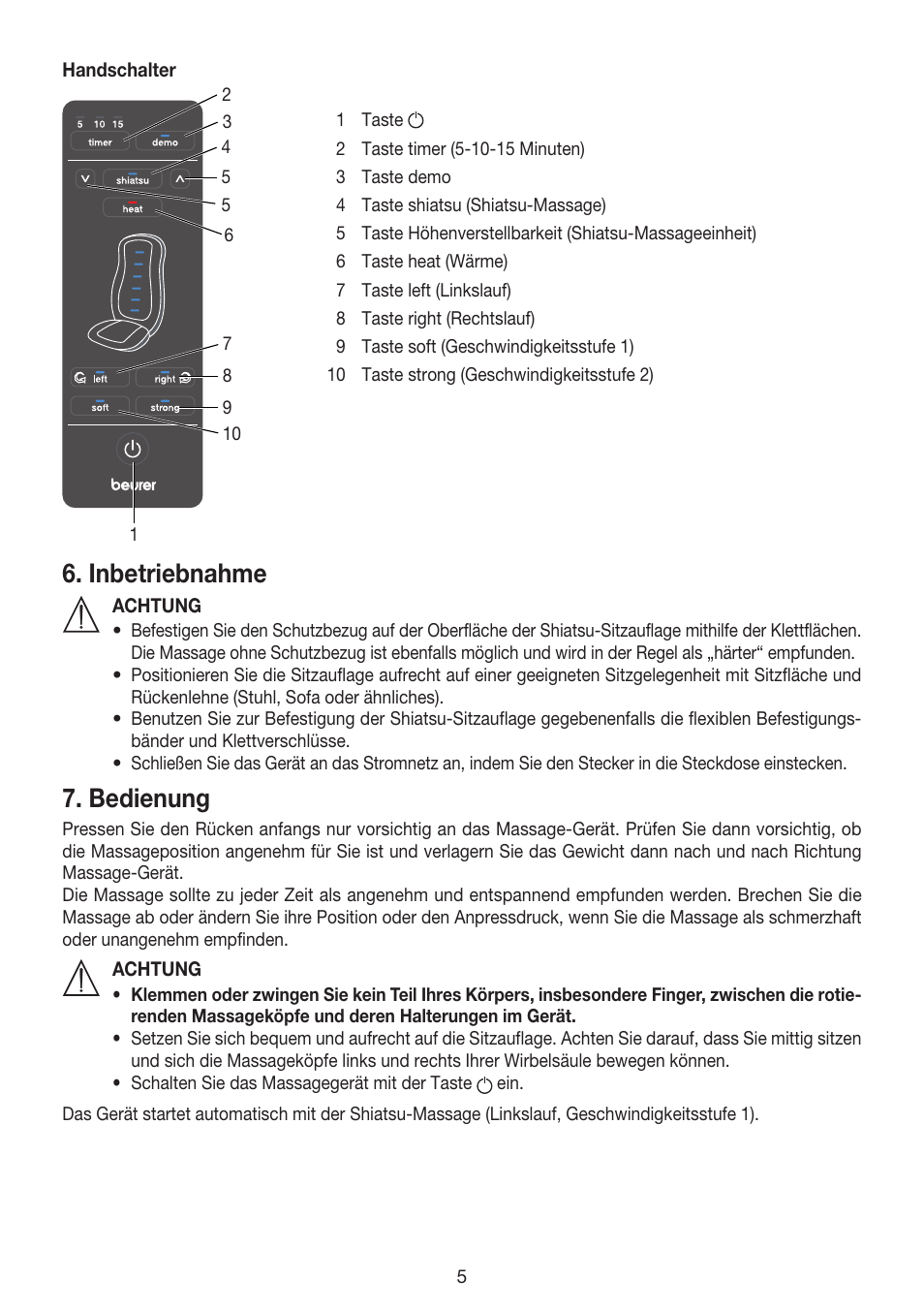 Inbetriebnahme, Bedienung | Beurer MG 215 User Manual | Page 5 / 48