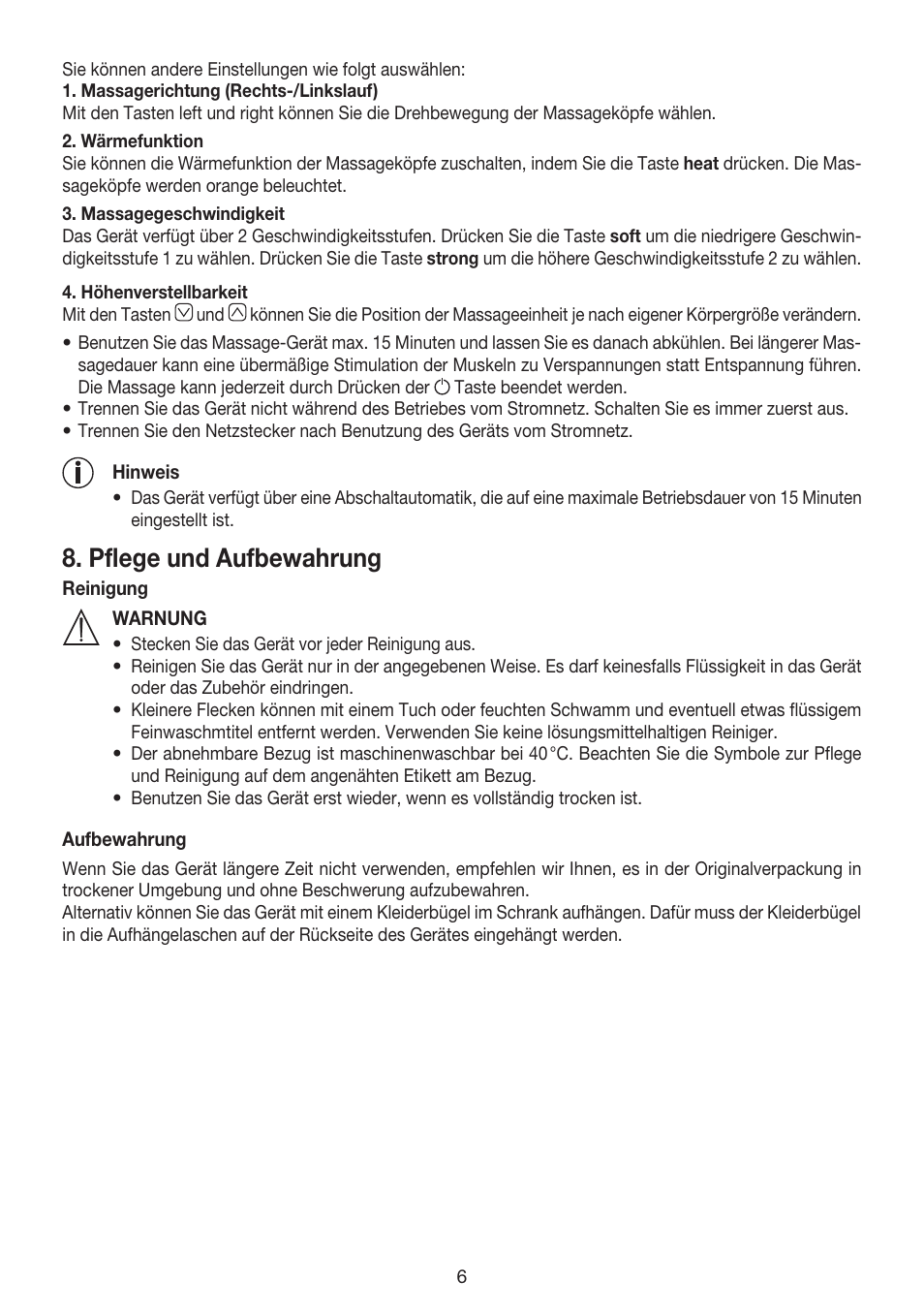 Pflege und aufbewahrung | Beurer MG 215 User Manual | Page 6 / 48