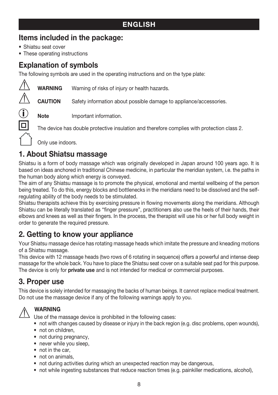 Items included in the package, Explanation of symbols, About shiatsu massage | Getting to know your appliance, Proper use | Beurer MG 215 User Manual | Page 8 / 48