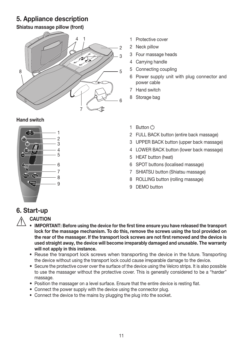 Appliance description, Start-up | Beurer MG 230 User Manual | Page 11 / 52