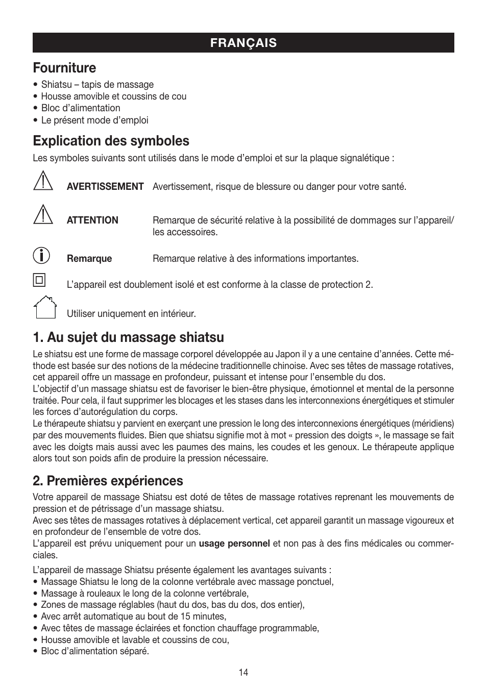 Fourniture, Explication des symboles, Au sujet du massage shiatsu | Premières expériences | Beurer MG 230 User Manual | Page 14 / 52