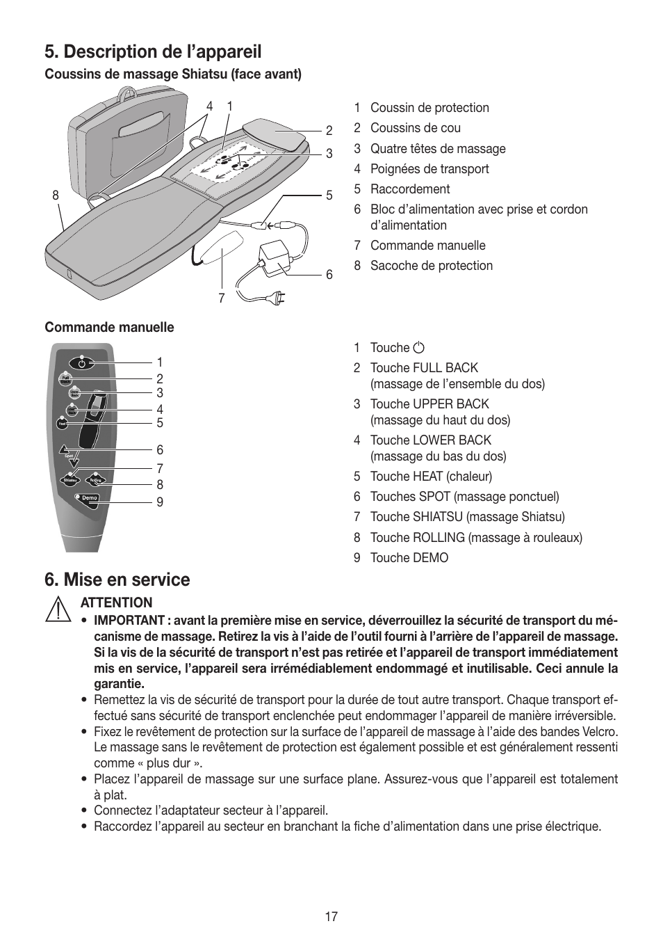 Description de l’appareil, Mise en service | Beurer MG 230 User Manual | Page 17 / 52