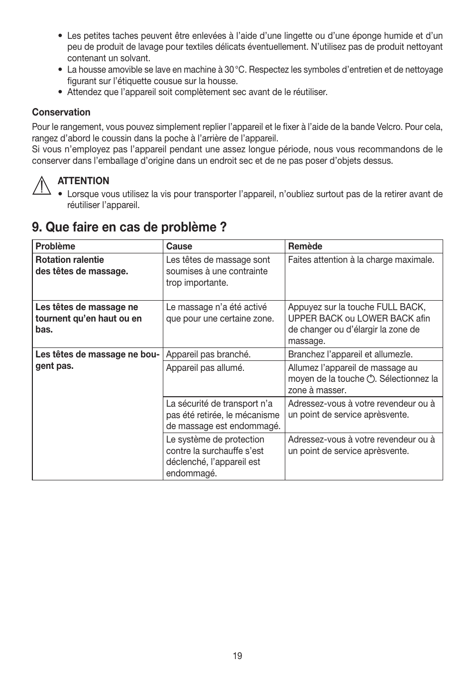 Que faire en cas de problème | Beurer MG 230 User Manual | Page 19 / 52