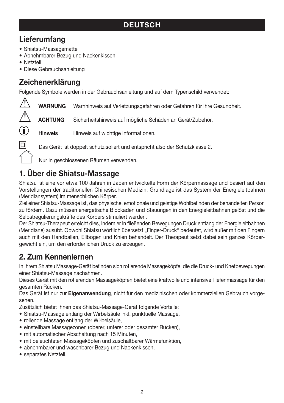 Lieferumfang, Zeichenerklärung, Über die shiatsu-massage | Zum kennenlernen | Beurer MG 230 User Manual | Page 2 / 52
