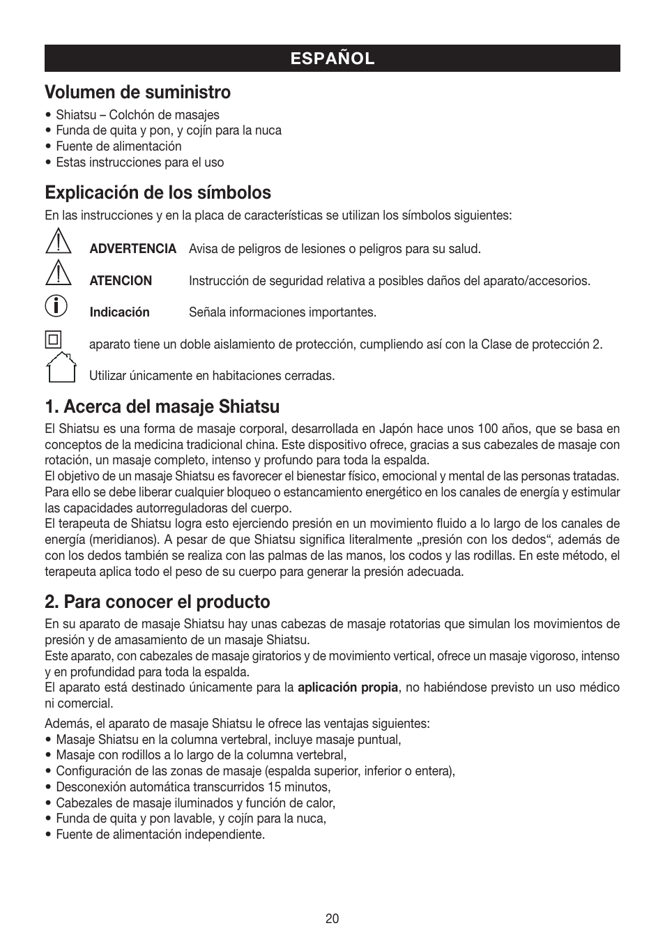 Volumen de suministro, Explicación de los símbolos, Acerca del masaje shiatsu | Para conocer el producto | Beurer MG 230 User Manual | Page 20 / 52
