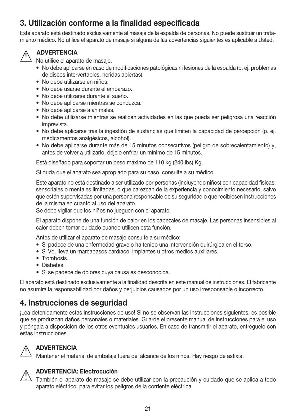 Utilización conforme a la finalidad especificada, Instrucciones de seguridad | Beurer MG 230 User Manual | Page 21 / 52