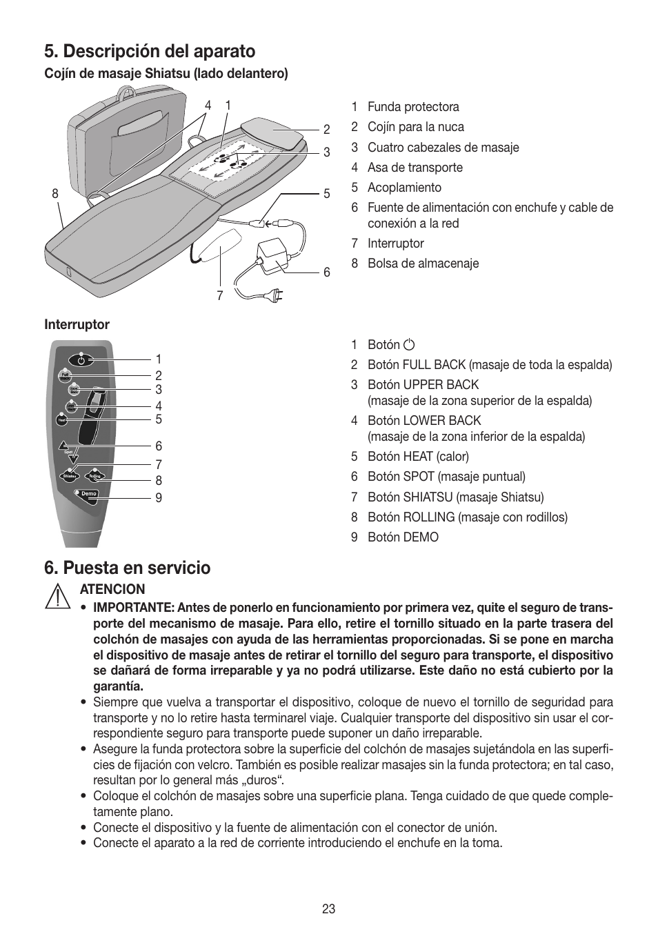 Descripción del aparato, Puesta en servicio | Beurer MG 230 User Manual | Page 23 / 52