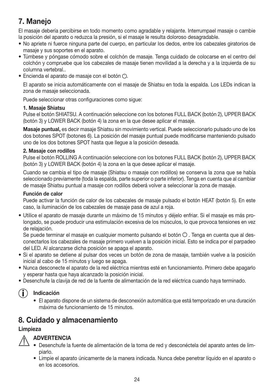 Manejo, Cuidado y almacenamiento | Beurer MG 230 User Manual | Page 24 / 52