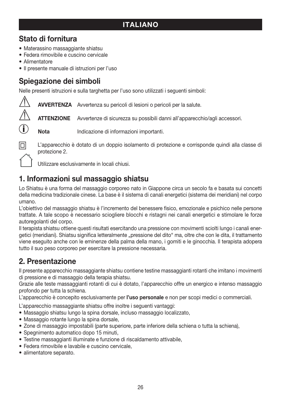 Stato di fornitura, Spiegazione dei simboli, Informazioni sul massaggio shiatsu | Presentazione | Beurer MG 230 User Manual | Page 26 / 52