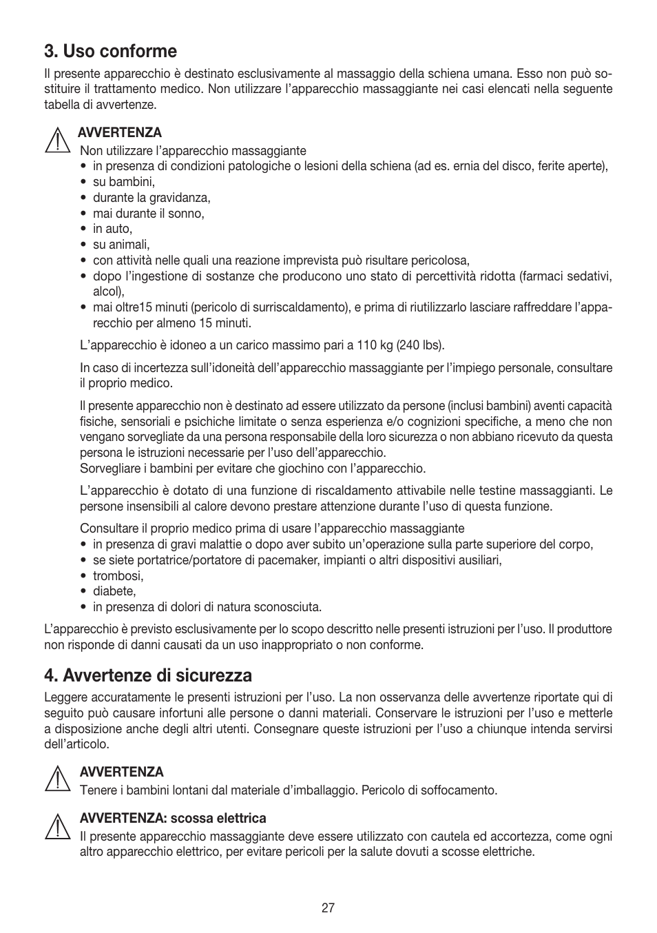 Uso conforme, Avvertenze di sicurezza | Beurer MG 230 User Manual | Page 27 / 52