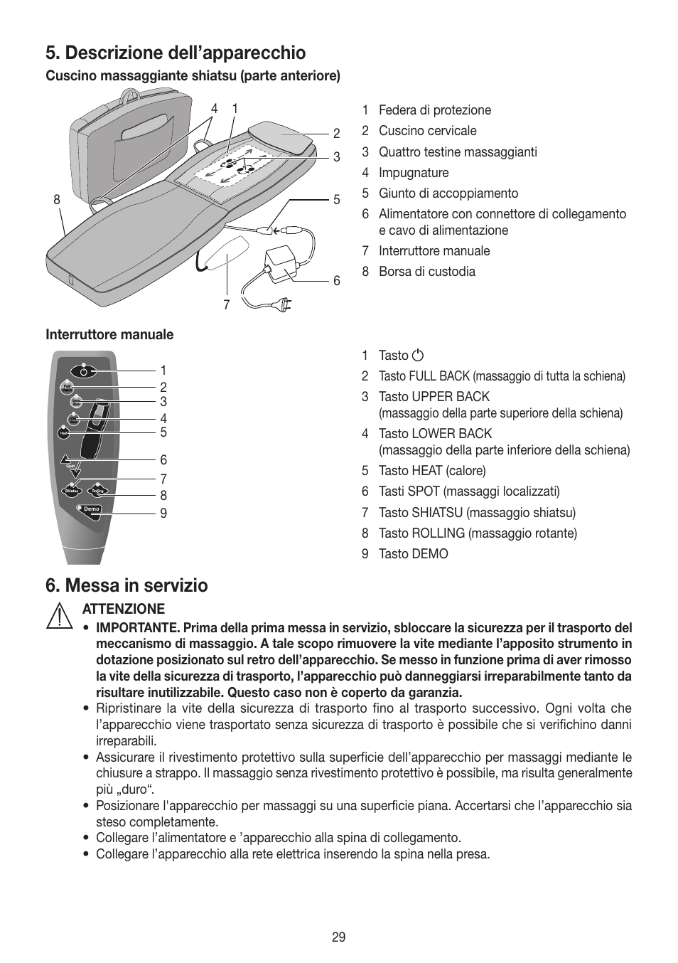 Descrizione dell’apparecchio, Messa in servizio | Beurer MG 230 User Manual | Page 29 / 52
