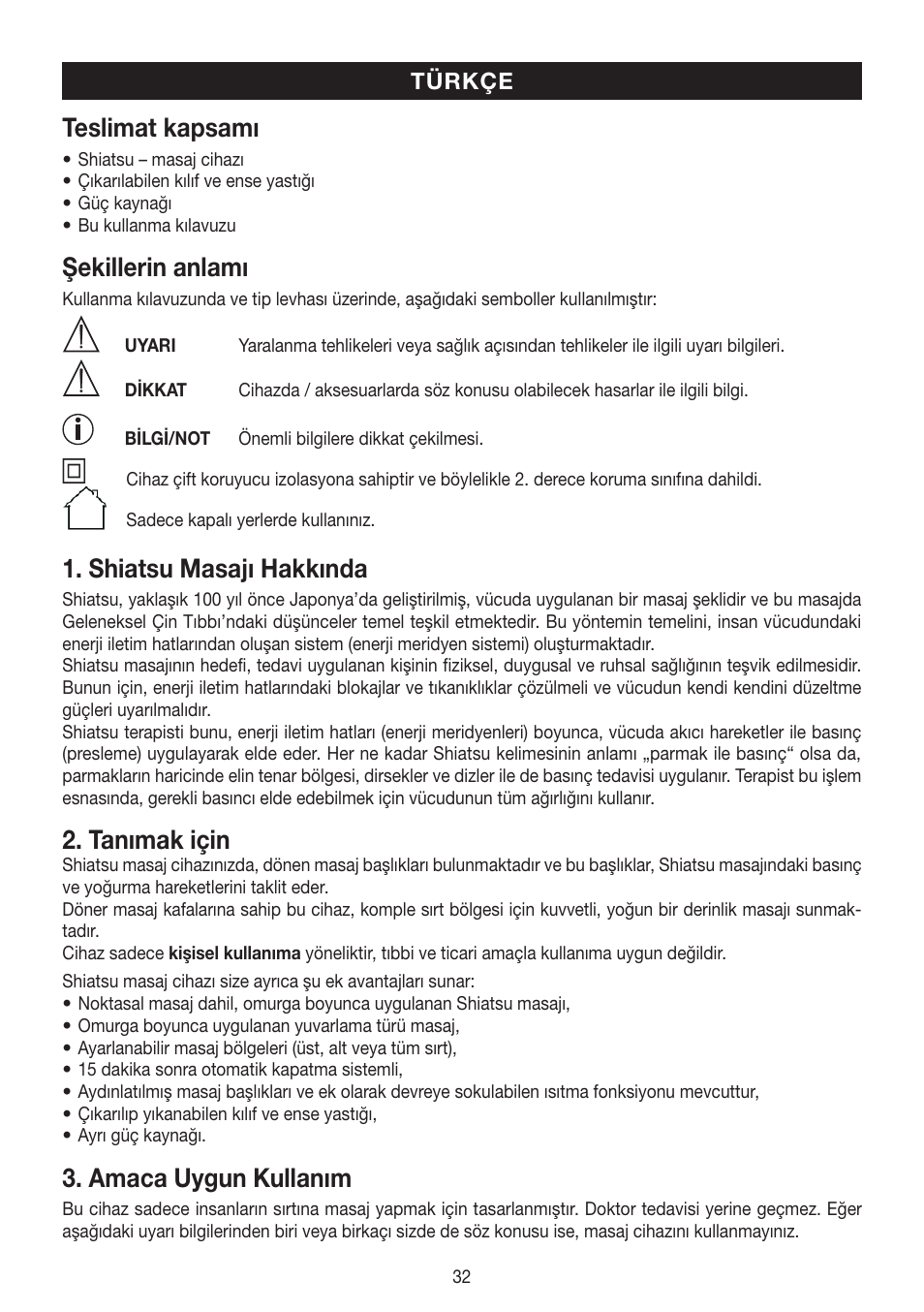 Teslimat kapsamı, Şekillerin anlamı, Shiatsu masajı hakkında | Tanımak için, Amaca uygun kullanım | Beurer MG 230 User Manual | Page 32 / 52