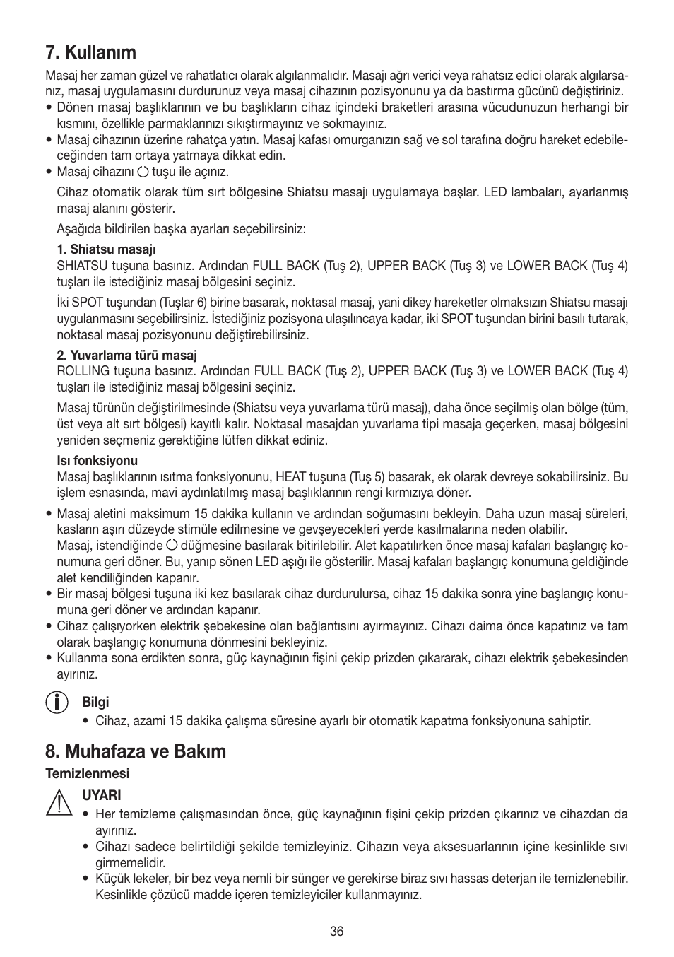 Kullanım, Muhafaza ve bakım | Beurer MG 230 User Manual | Page 36 / 52
