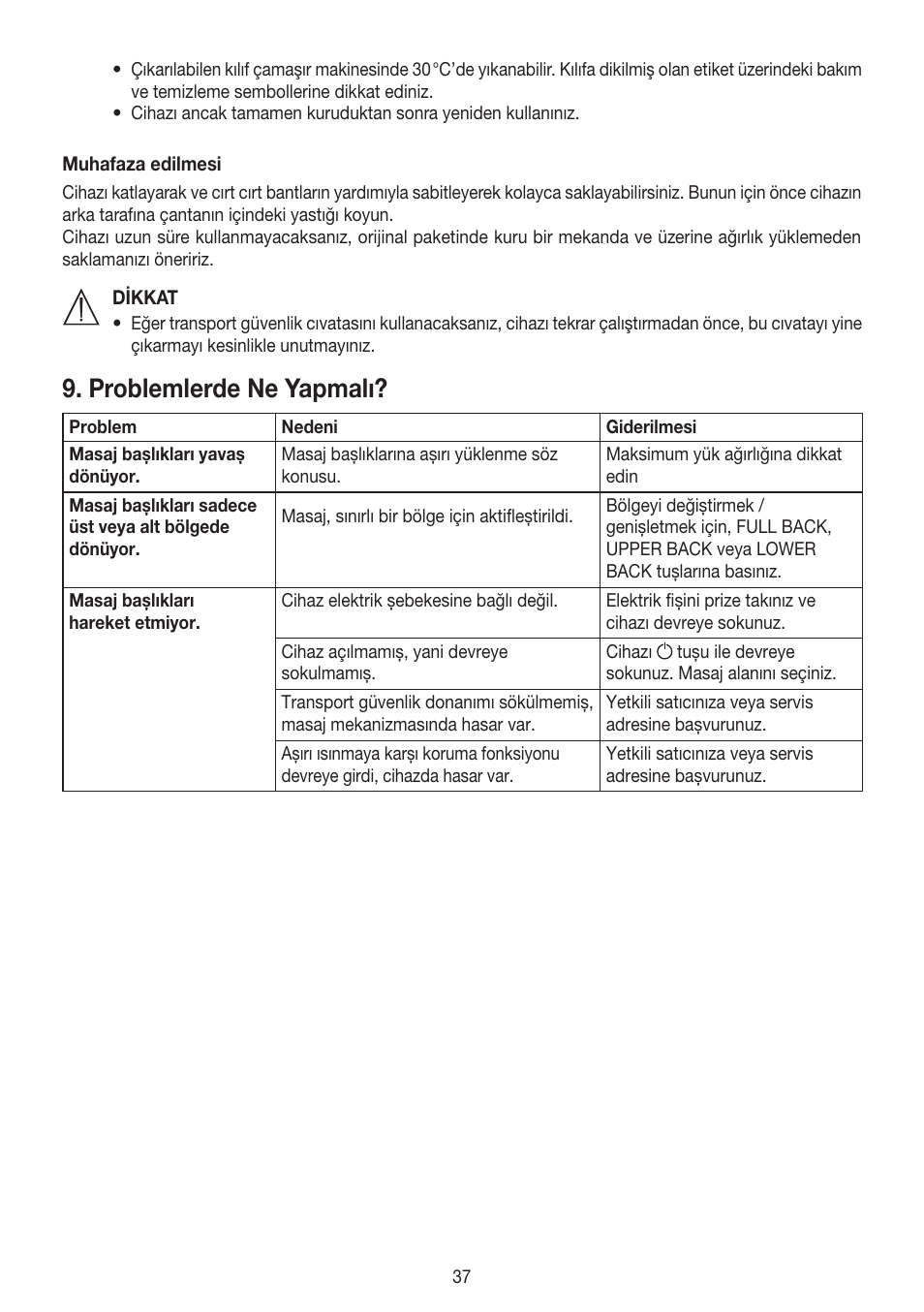 Problemlerde ne yapmalı | Beurer MG 230 User Manual | Page 37 / 52