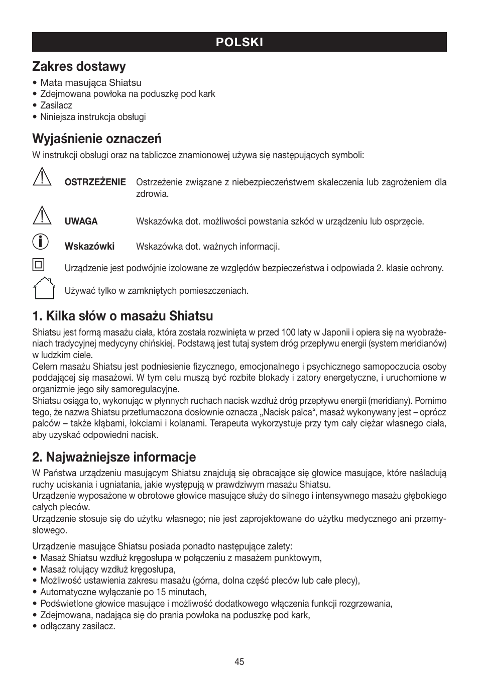 Zakres dostawy, Wyjaśnienie oznaczeń, Kilka słów o masażu shiatsu | Najważniejsze informacje | Beurer MG 230 User Manual | Page 45 / 52