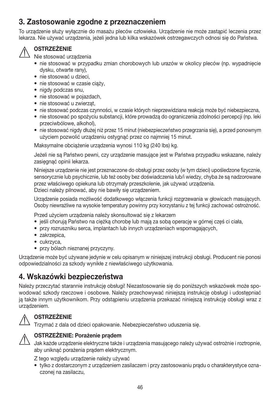 Zastosowanie zgodne z przeznaczeniem, Wskazówki bezpieczeństwa | Beurer MG 230 User Manual | Page 46 / 52