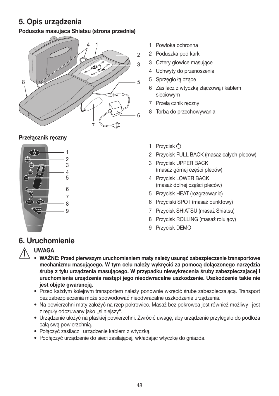 Opis urządzenia, Uruchomienie | Beurer MG 230 User Manual | Page 48 / 52