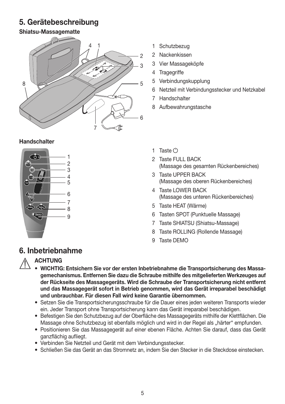 Gerätebeschreibung, Inbetriebnahme | Beurer MG 230 User Manual | Page 5 / 52