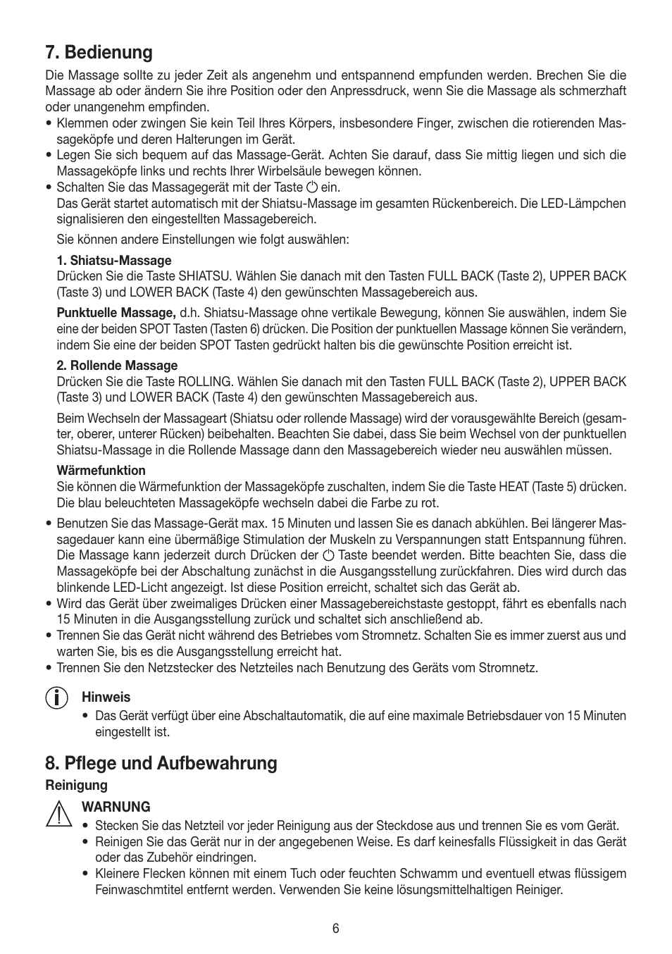 Bedienung, Pflege und aufbewahrung | Beurer MG 230 User Manual | Page 6 / 52