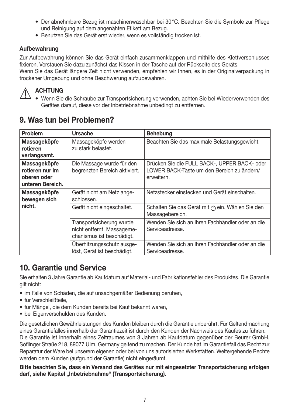 Was tun bei problemen, Garantie und service | Beurer MG 230 User Manual | Page 7 / 52