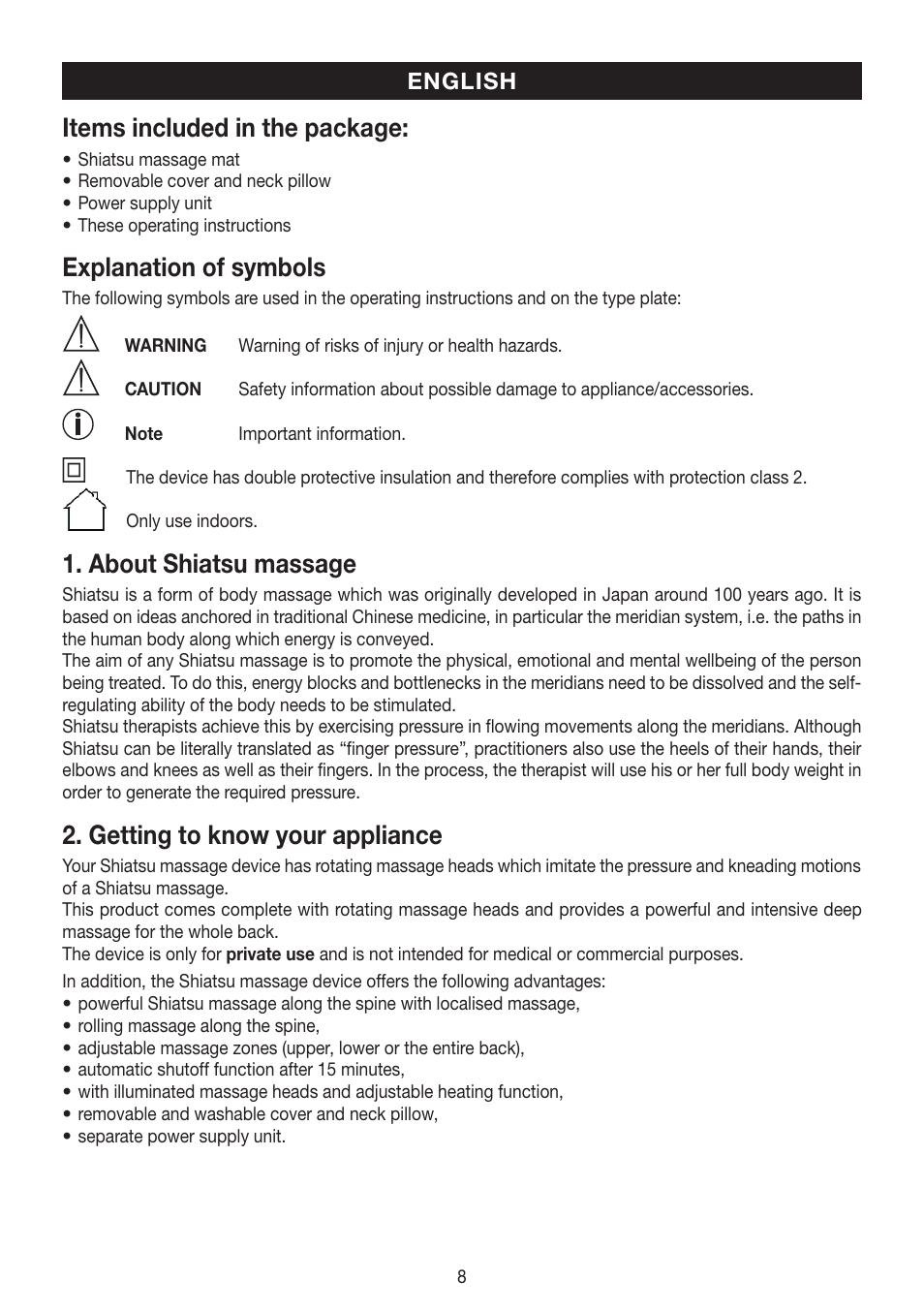 Items included in the package, Explanation of symbols, About shiatsu massage | Getting to know your appliance | Beurer MG 230 User Manual | Page 8 / 52