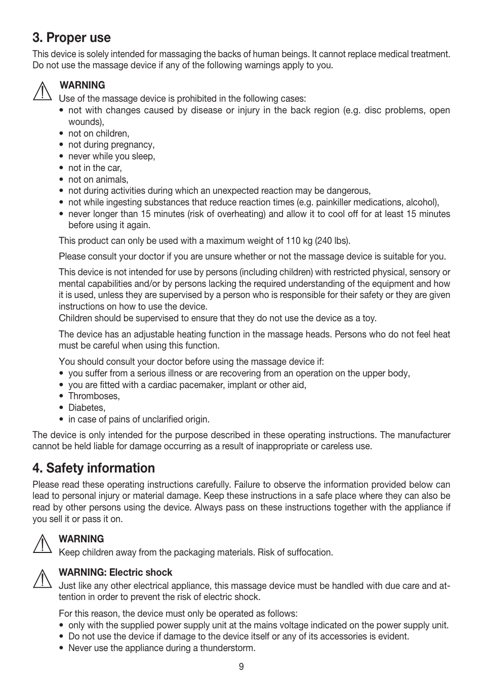 Proper use, Safety information | Beurer MG 230 User Manual | Page 9 / 52