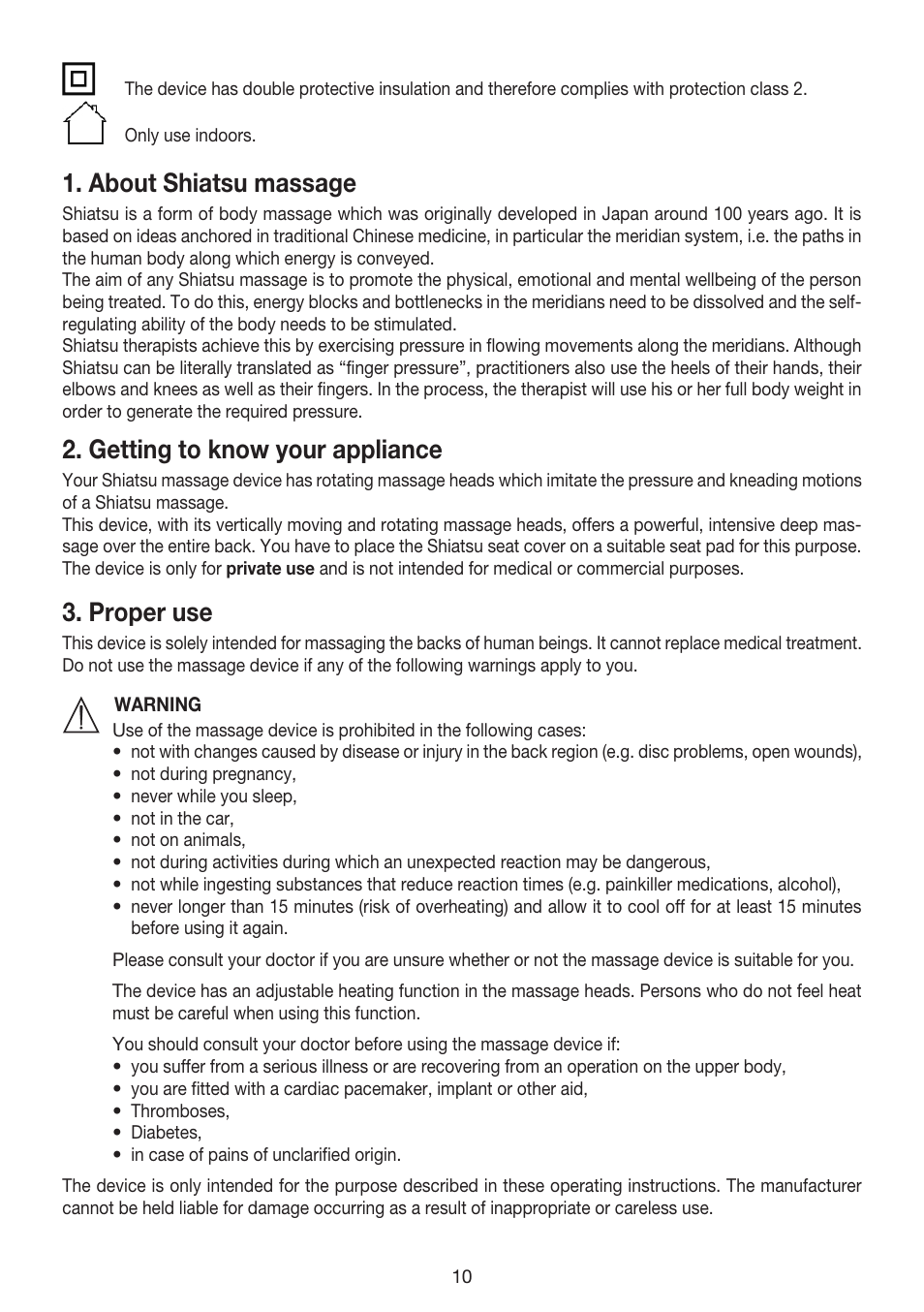 About shiatsu massage, Getting to know your appliance, Proper use | Beurer MG 240 User Manual | Page 10 / 60