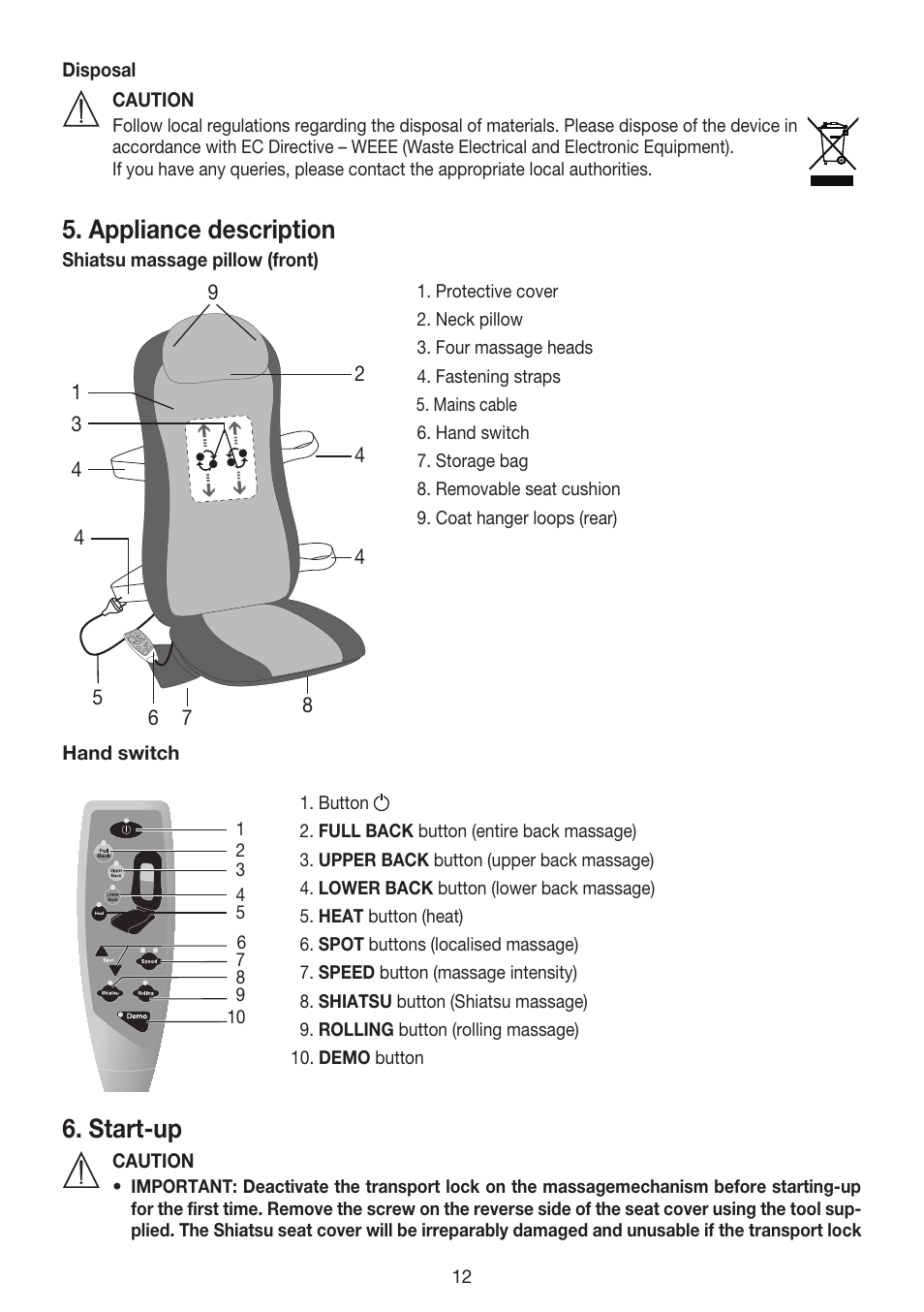 Appliance description, Start-up | Beurer MG 240 User Manual | Page 12 / 60