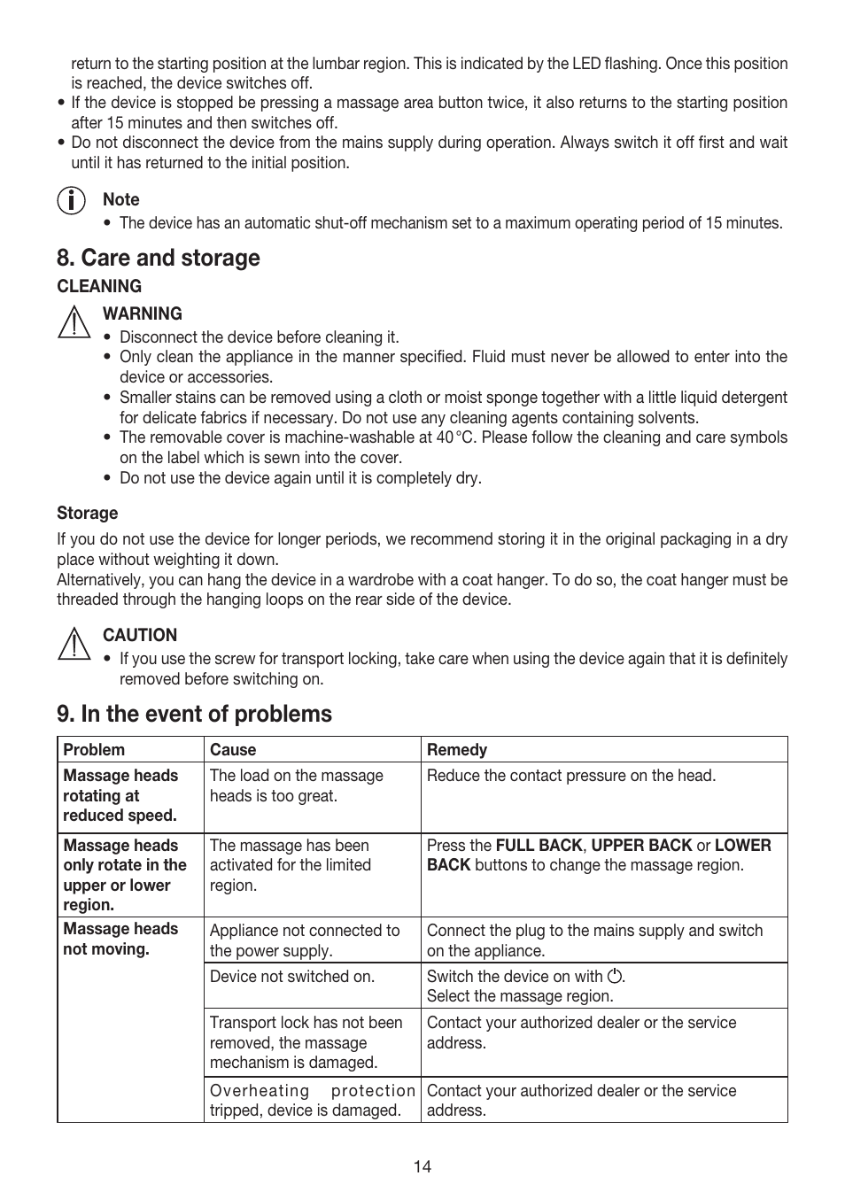 Care and storage | Beurer MG 240 User Manual | Page 14 / 60