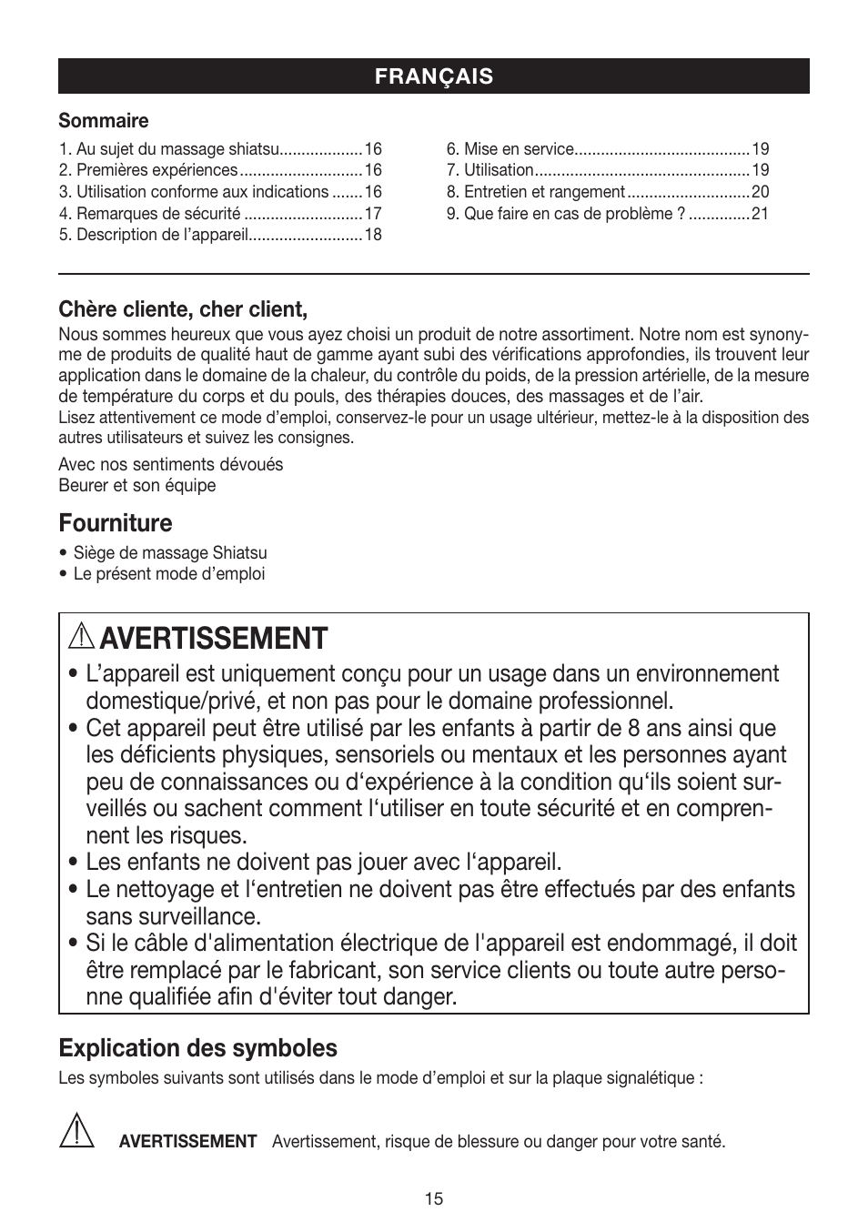 Avertissement, Fourniture, Explication des symboles | Beurer MG 240 User Manual | Page 15 / 60