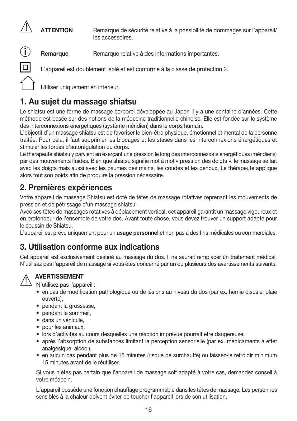 Au sujet du massage shiatsu, Premières expériences, Utilisation conforme aux indications | Beurer MG 240 User Manual | Page 16 / 60